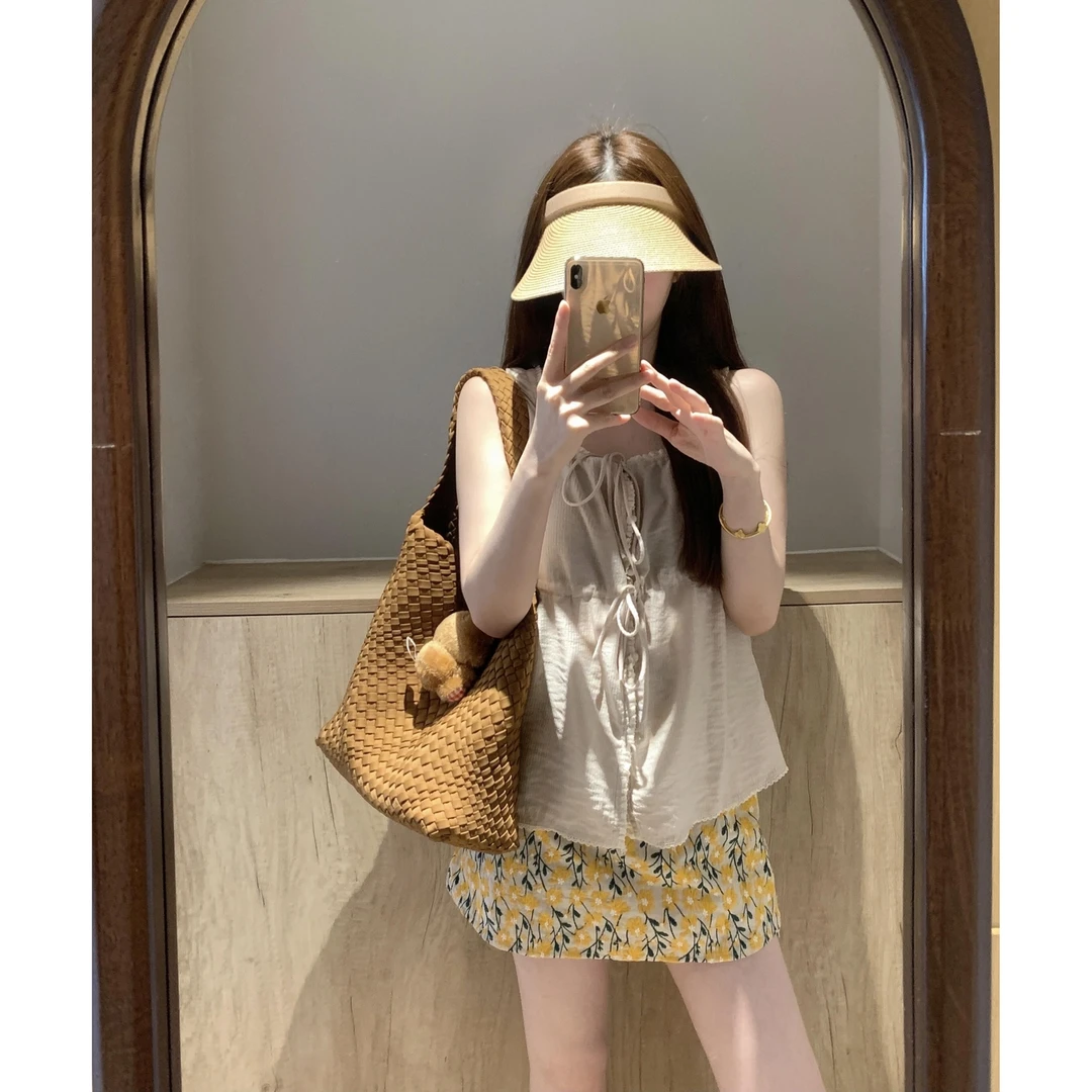 韩系温柔吊带背心女夏季新款系带抽绳显瘦内搭外穿休闲无袖上衣