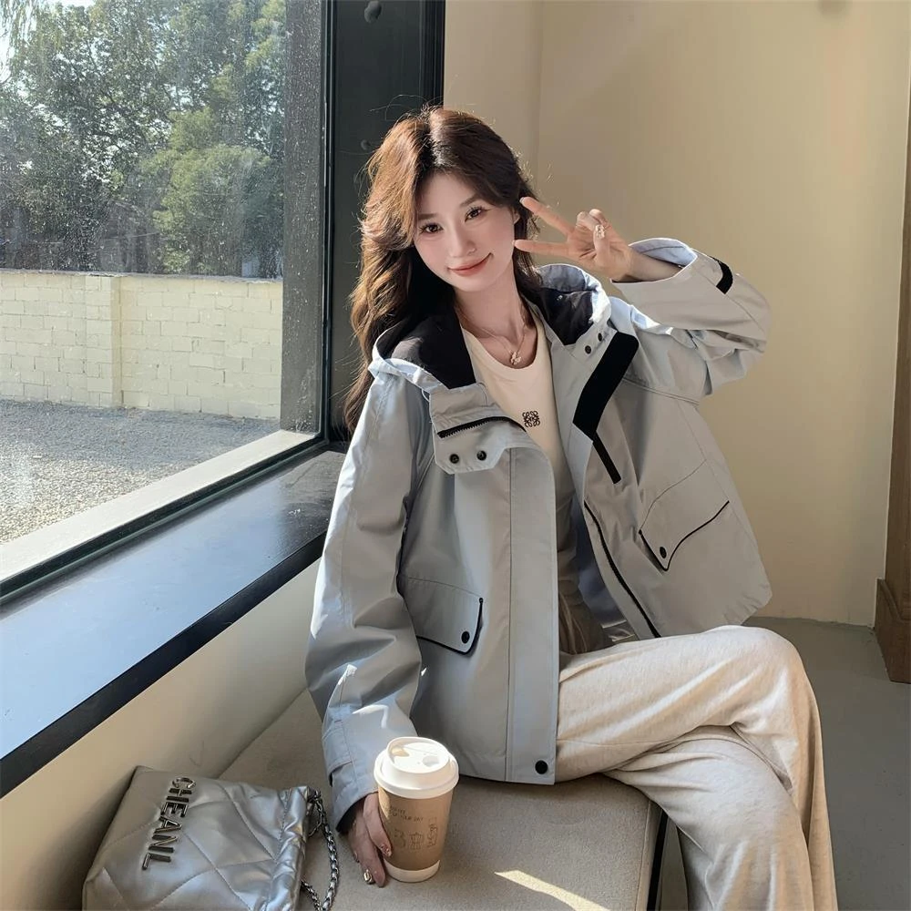 蓝色工装外套女春秋2025新款爆款学院风流行独特设计超火风衣韩系