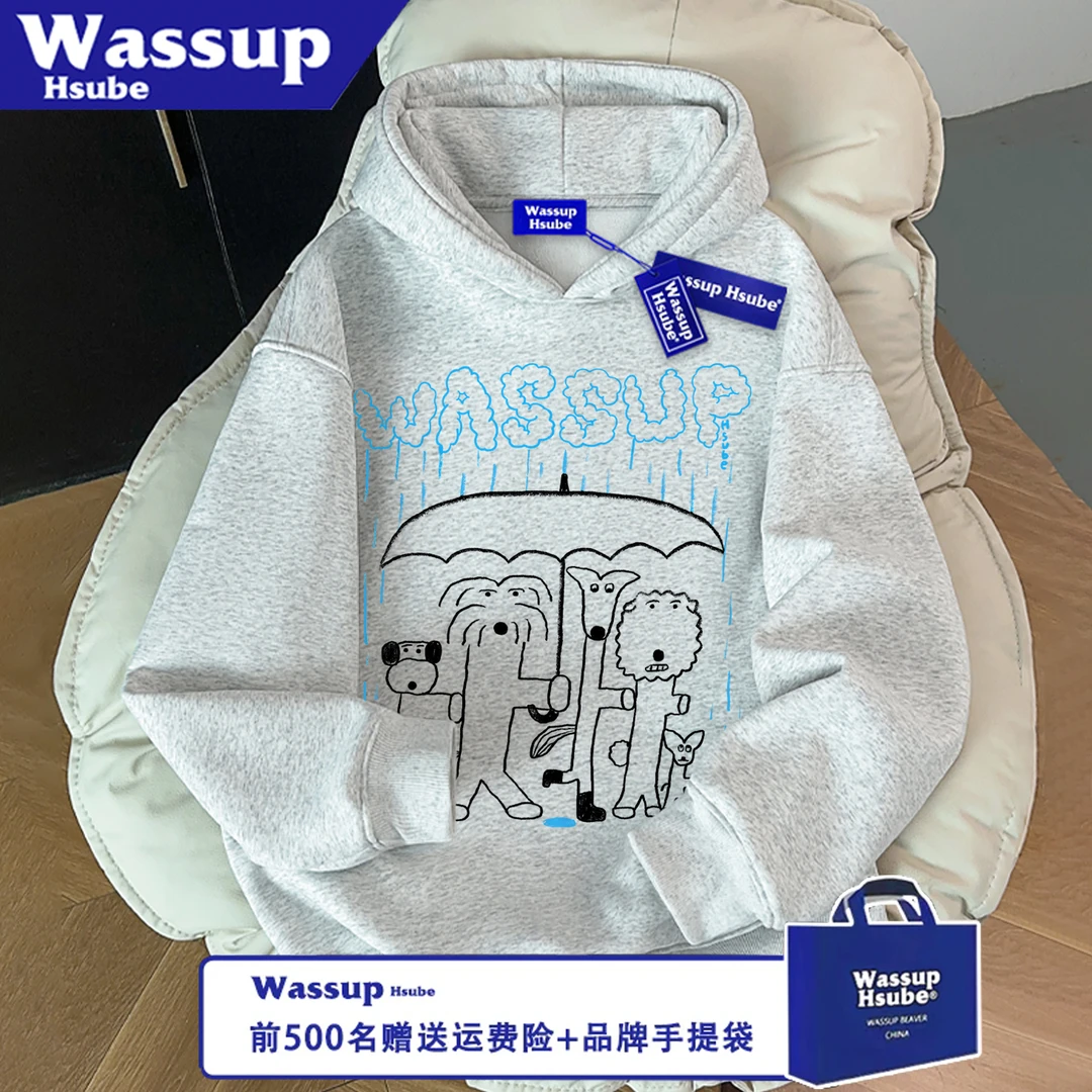 WASSUP HSUBE宽松秋冬季无口袋男女抽象狗狗卫衣连帽情侣休闲上衣