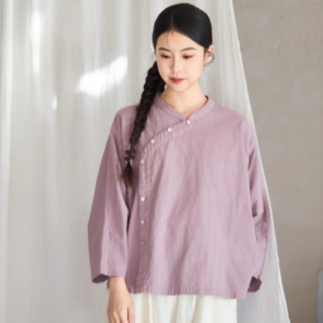 照本堂新中式立领斜襟文艺贝壳扣30支衬衣上衣衬衫w12661