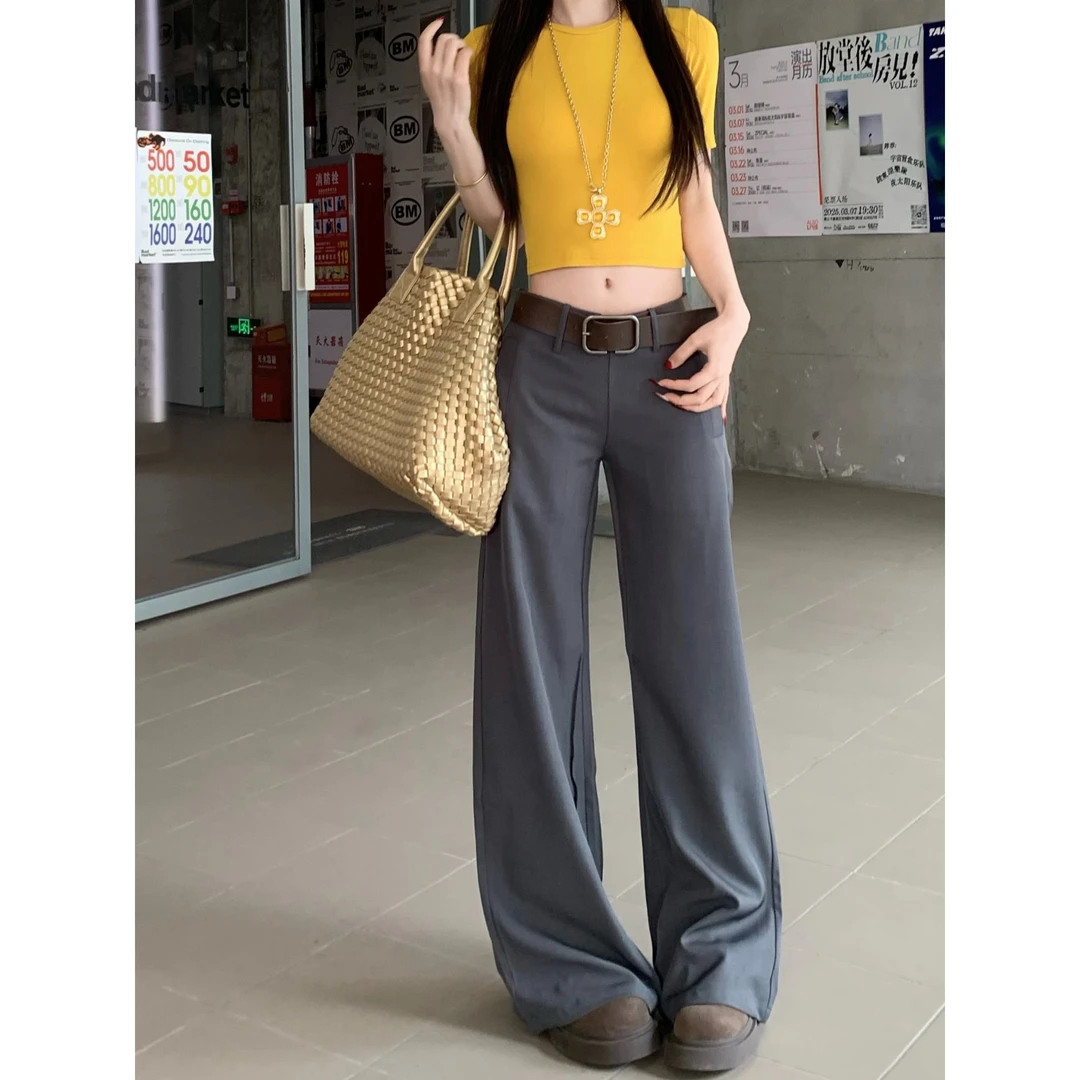 灰色西装休闲裤女夏季辣妹低腰垂感长裤显瘦微喇叭拖地裤百搭裤子