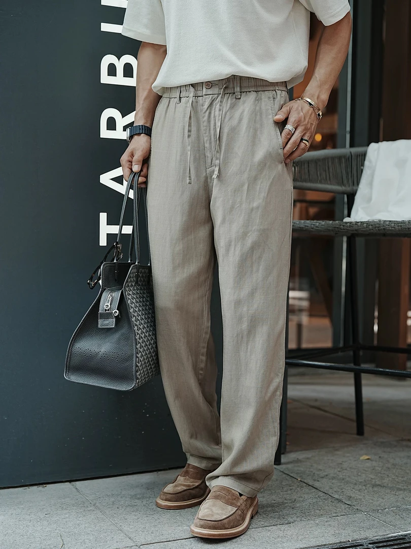 韩版高品质极简风轻薄透气休闲裤男夏季潮流新款松紧腰抽绳直筒裤