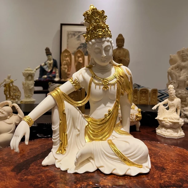 象牙果描金自在观音水月观音手工艺雕刻摆件25*15*30cm