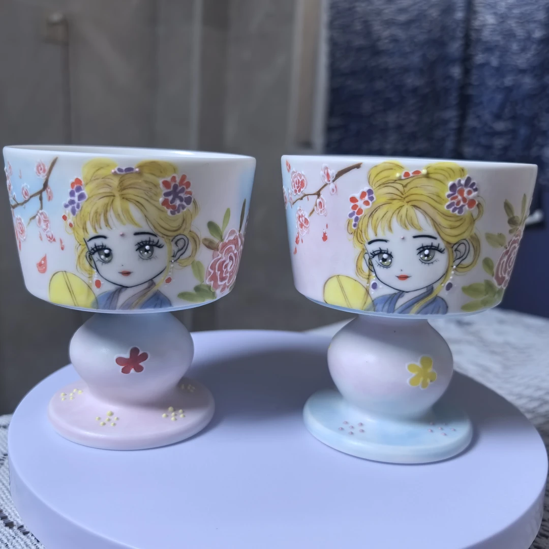 景德镇高温釉下彩油画美少女立体釉创意情侣闺蜜高脚杯一对装