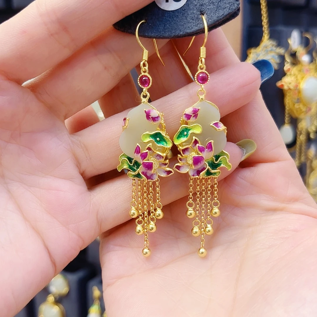 和田玉银S925镀金镶嵌耳饰