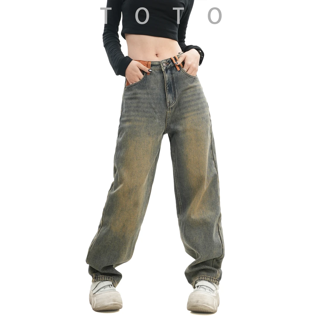 TO【3087】冬季加绒新款中高腰宽松牛仔堆堆裤