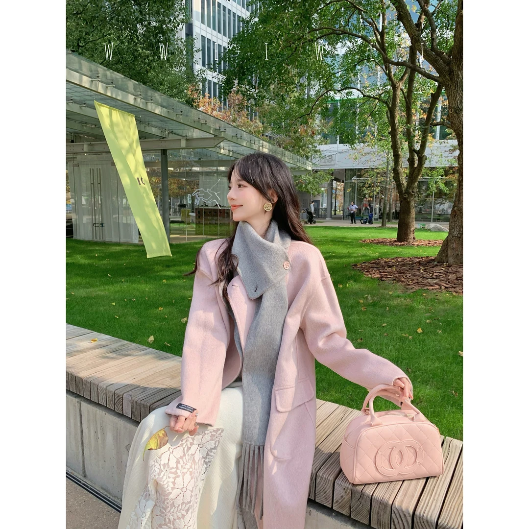 是玮玮哦【粉雾山脉】韩版宽松气质高级感长款粉灰双面穿毛呢外套