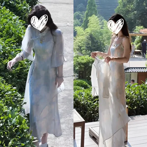新中式气质国风清冷感套装裙2025夏季新款仙气吊带裙旗袍罩衫女装