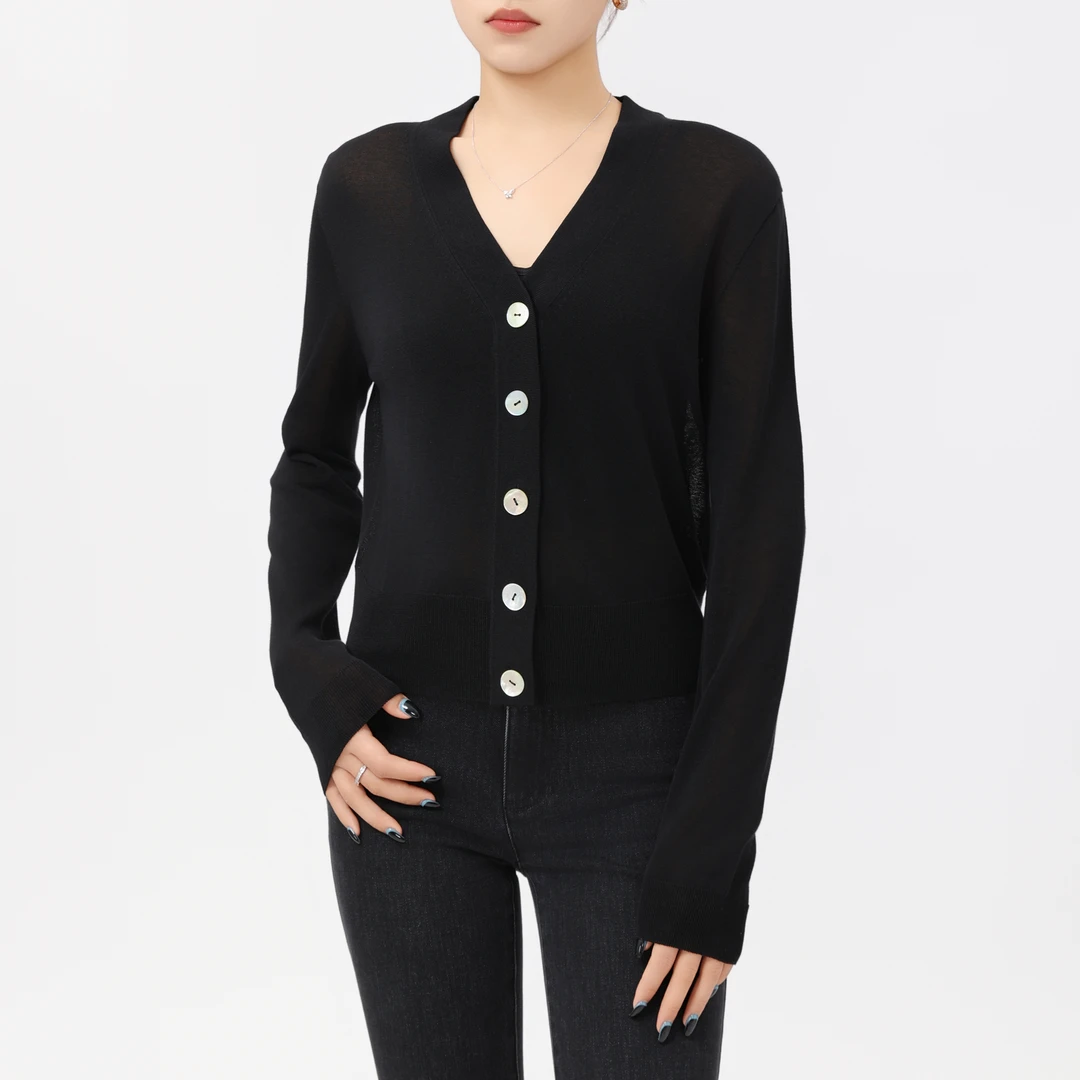 AMASS/阿玛施春夏气质百搭V领纯色冰丝长袖针织开衫女5499132