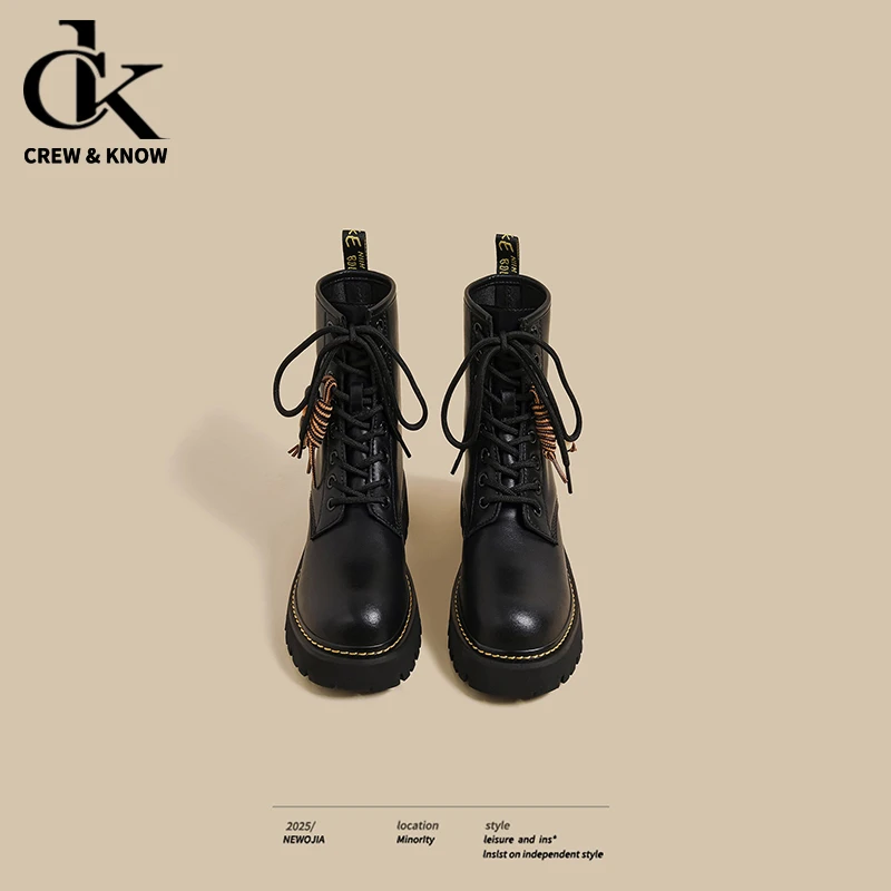 【Crew&Know官方正品】2025冬新款厚底马丁靴女英伦风加绒骑士短靴