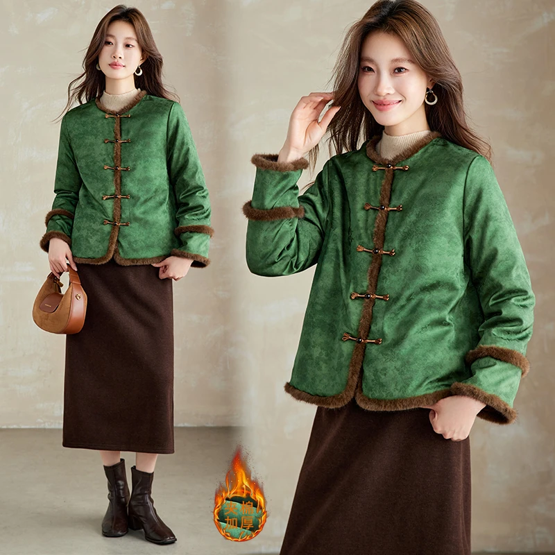 在仓2025年冬季新款提花夹棉单排扣长袖拼接仿貂毛通勤棉服外套