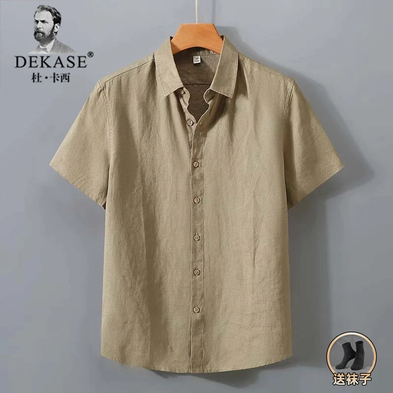 Dekase 纯色亚麻衬衫夏季薄款男士复古宽松薄款短袖衬衣透气上衣
