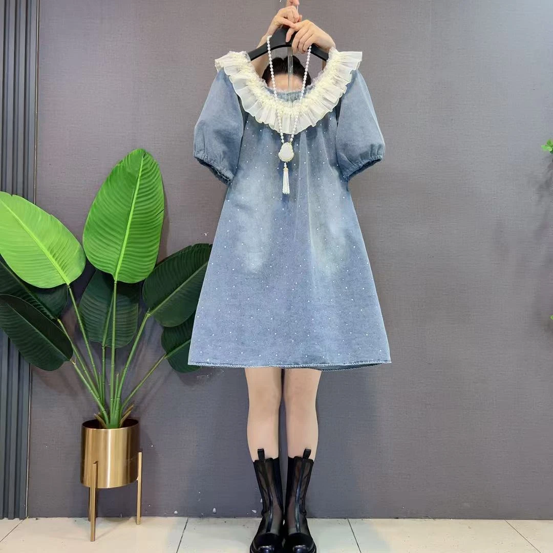 欧货复古牛仔新款韩版宽松百搭中长款一字荷叶边a字型宽松显瘦裙