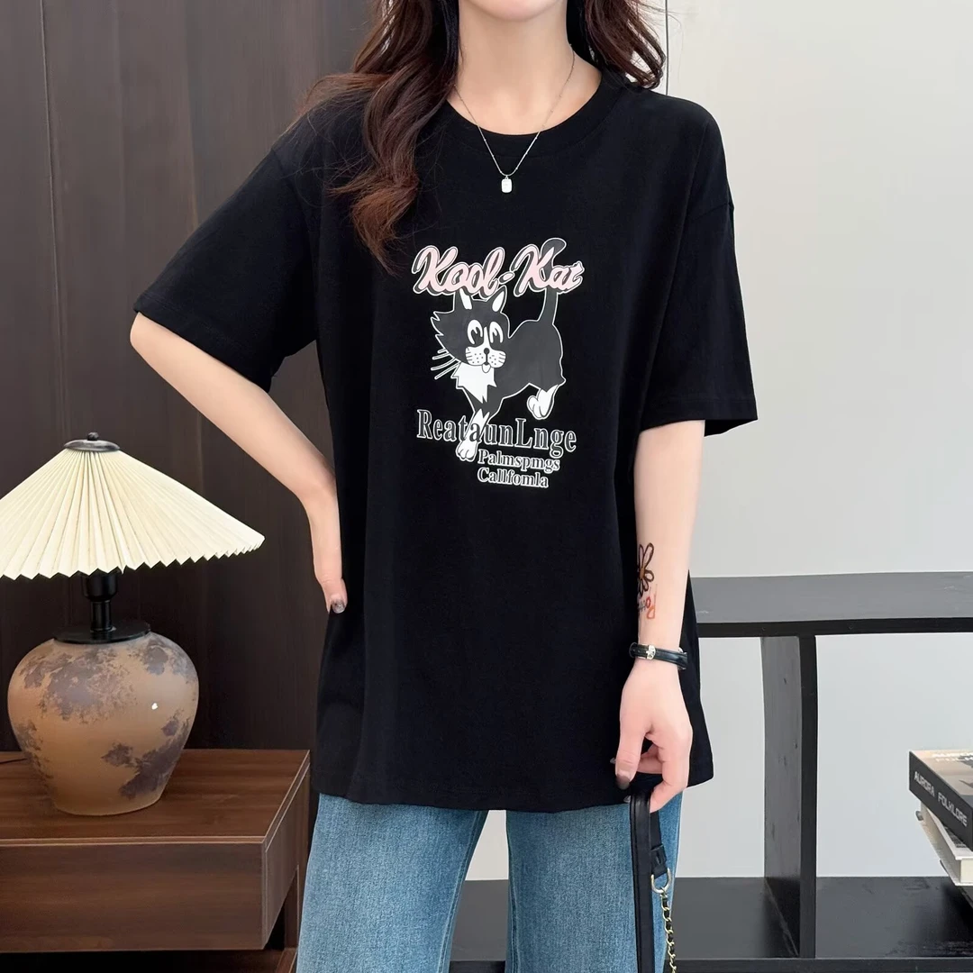 短袖t恤女大码2025夏季新款胖mm减龄猫咪印花中长款宽松半袖上衣T