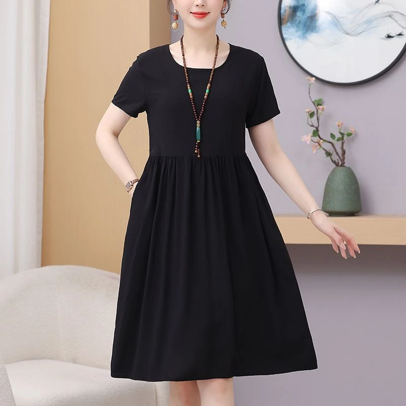 棉绸短袖连衣裙女夏新款洋气宽松显瘦收腰系带遮肚中长款纯色裙子