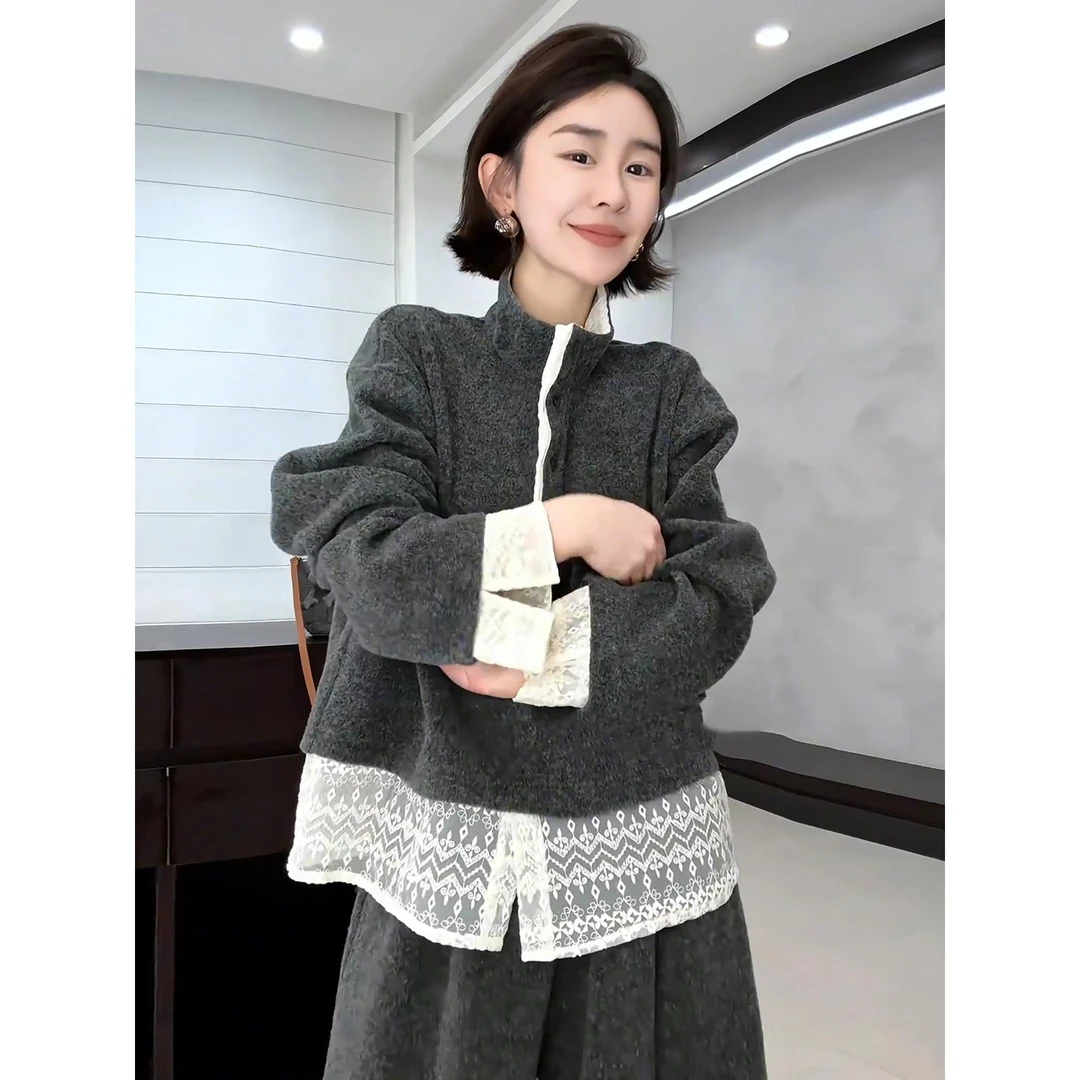 韩版时尚蕾丝花边卫衣外套女秋冬季新款宽松假两件打底衫内搭上衣