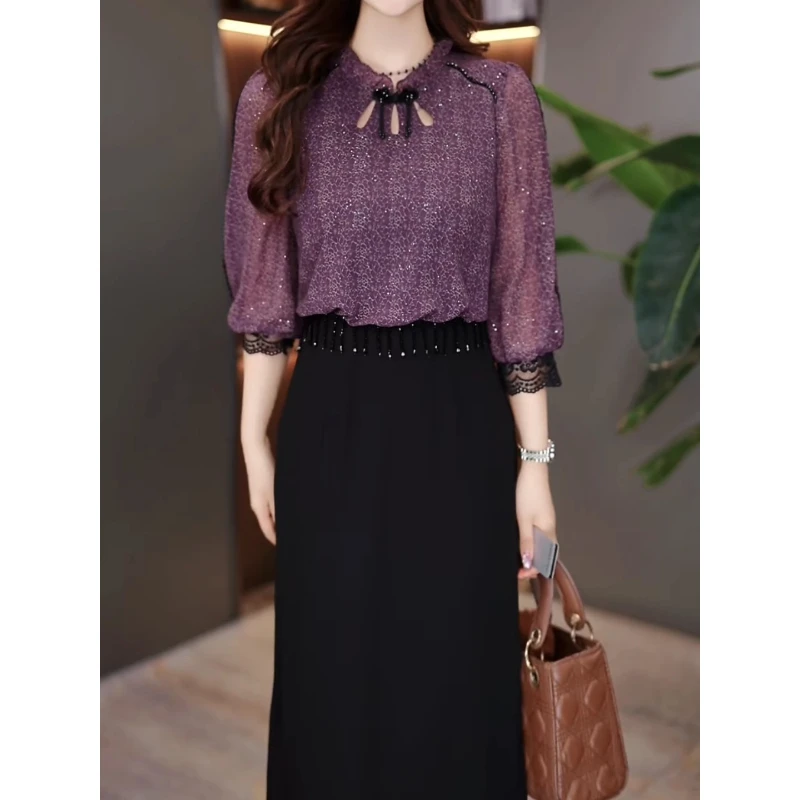 玫妖妖时尚精致韩版气质连衣裙2025秋新款假两件修身显瘦中长裙子