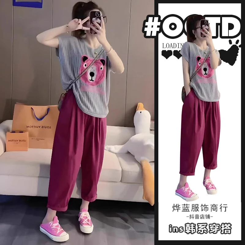 夏季减龄时尚穿搭女套装卡通印花短袖T恤搭配萝卜裤休闲气质裤子