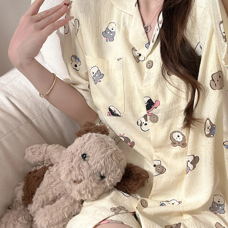 带胸垫奶黄狗狗睡衣少女款夏季短袖短裤套装可爱开衫泡泡棉家居服