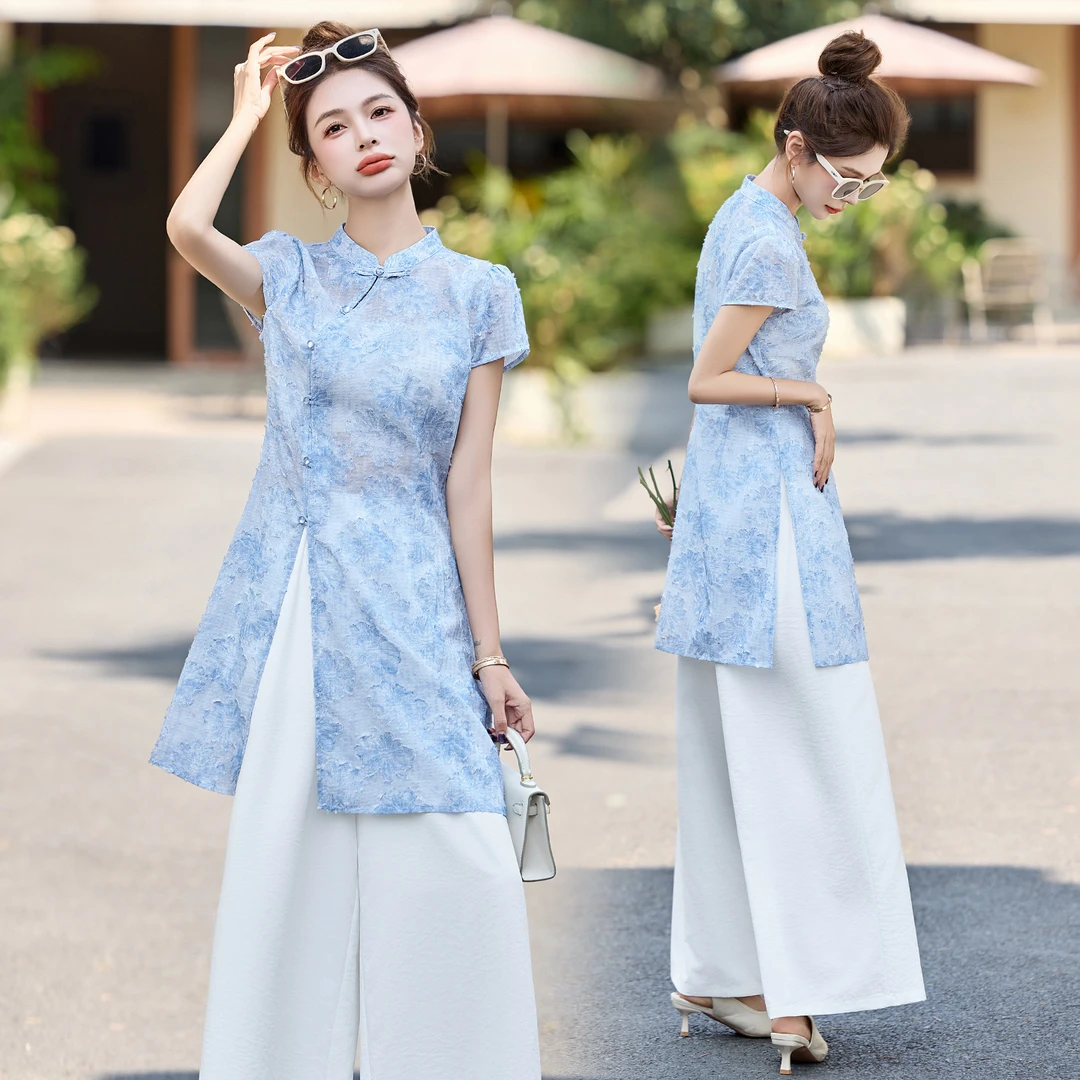 2025新款新中式剪花旗袍上衣阔腿裤两件套复古酷飒风女装高级感