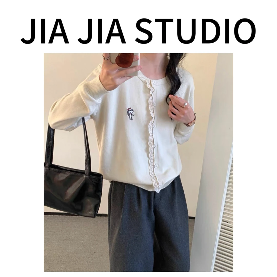 嘉嘉推荐#6616【早春款】小狗刺绣蕾丝拼接针织开衫