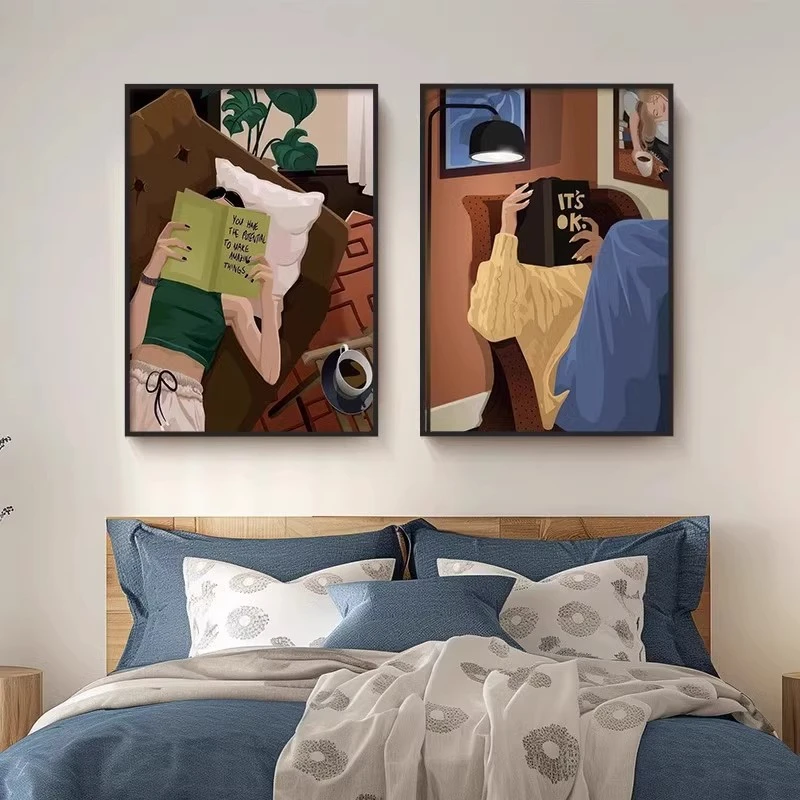 卧室床头背景装饰画爱读书客厅装饰画小众艺术民宿画书房桌挂画