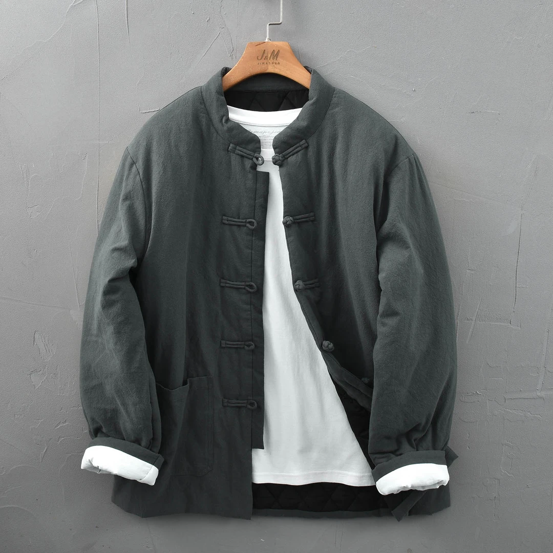 盘扣开衫短棉袄盘扣麻国潮休闲棉麻棉衣男立领保暖唐装宽松麻外套