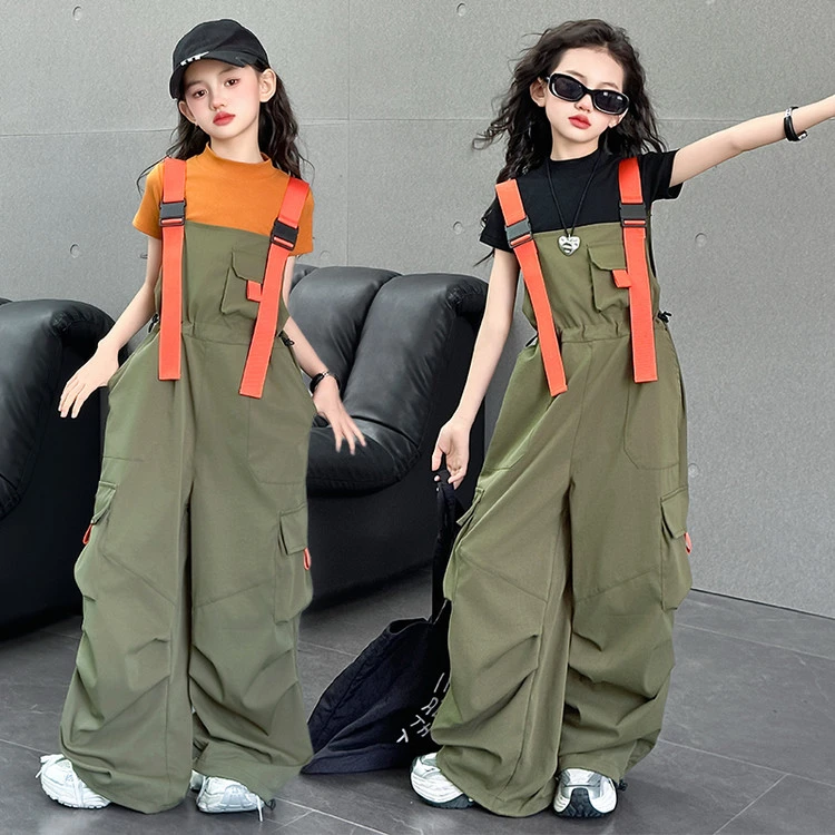 女童休闲嘻哈风洋气套装中大童阔腿工装裤夏季时尚纯色T恤两件套