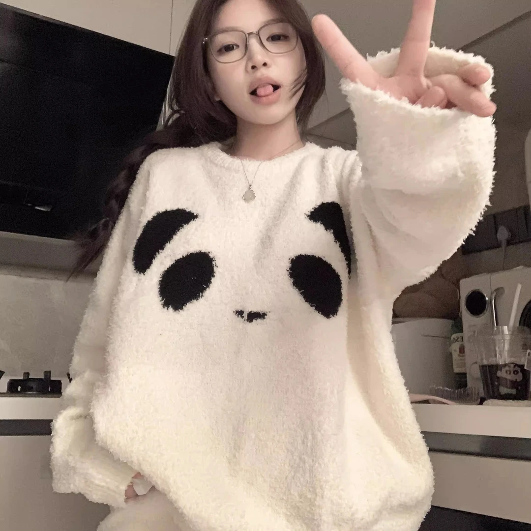 白色熊猫睡衣女款冬季2025新款珊瑚绒加厚可外穿家居服套装秋冬天