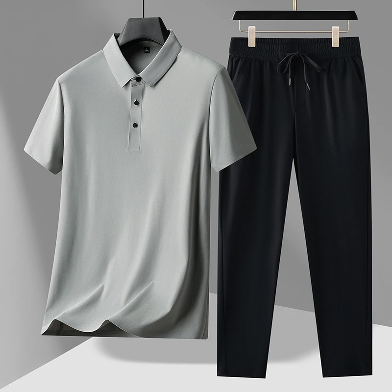 冰感冰丝套装夏季新款中老年爸爸装休闲POLO衫冰丝裤套装防紫外线