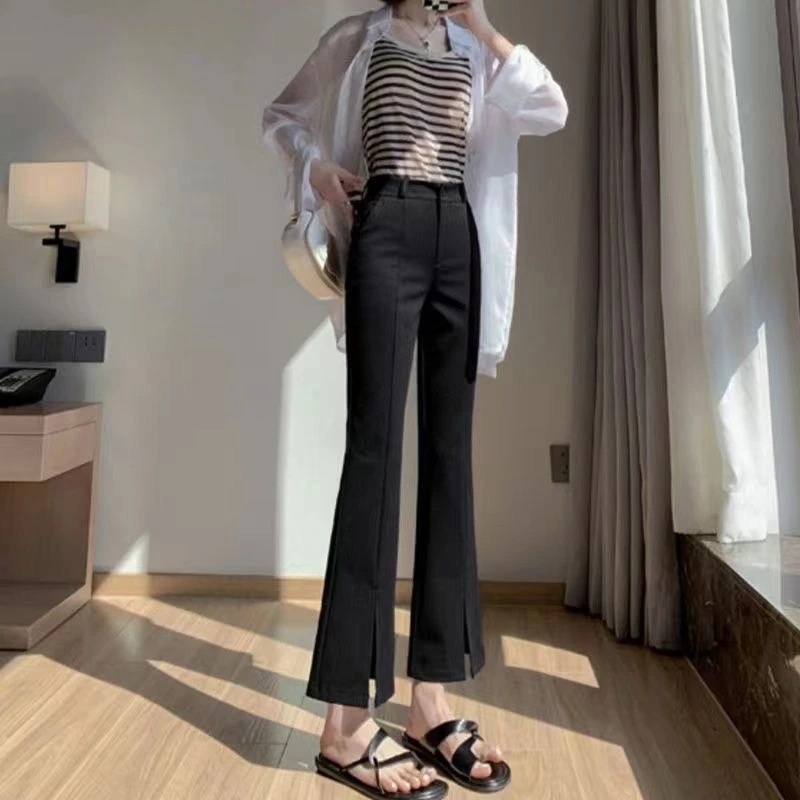 开叉九分微喇裤女松紧腰新款高腰弹力显瘦小个子阔腿裤薄款直筒裤