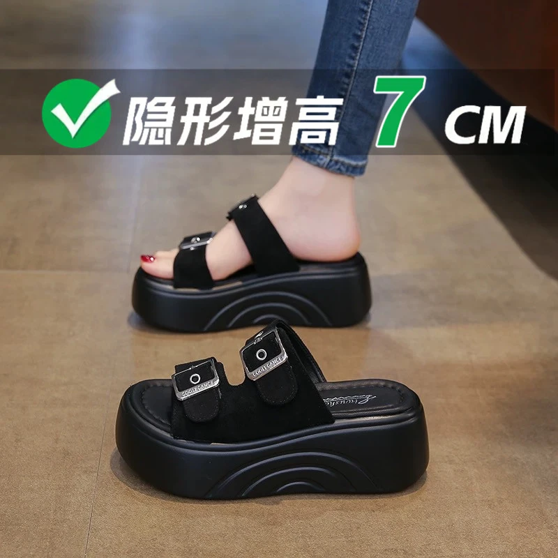 小码增高7cm厚底凉拖鞋女夏外穿2025松糕高跟仙女风一字沙滩凉鞋