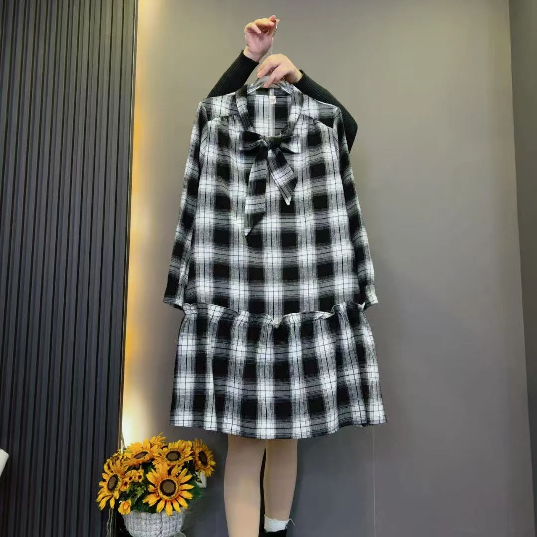 8922韩版时尚微胖大码格子百搭连衣裙中长款显瘦洋气裙装