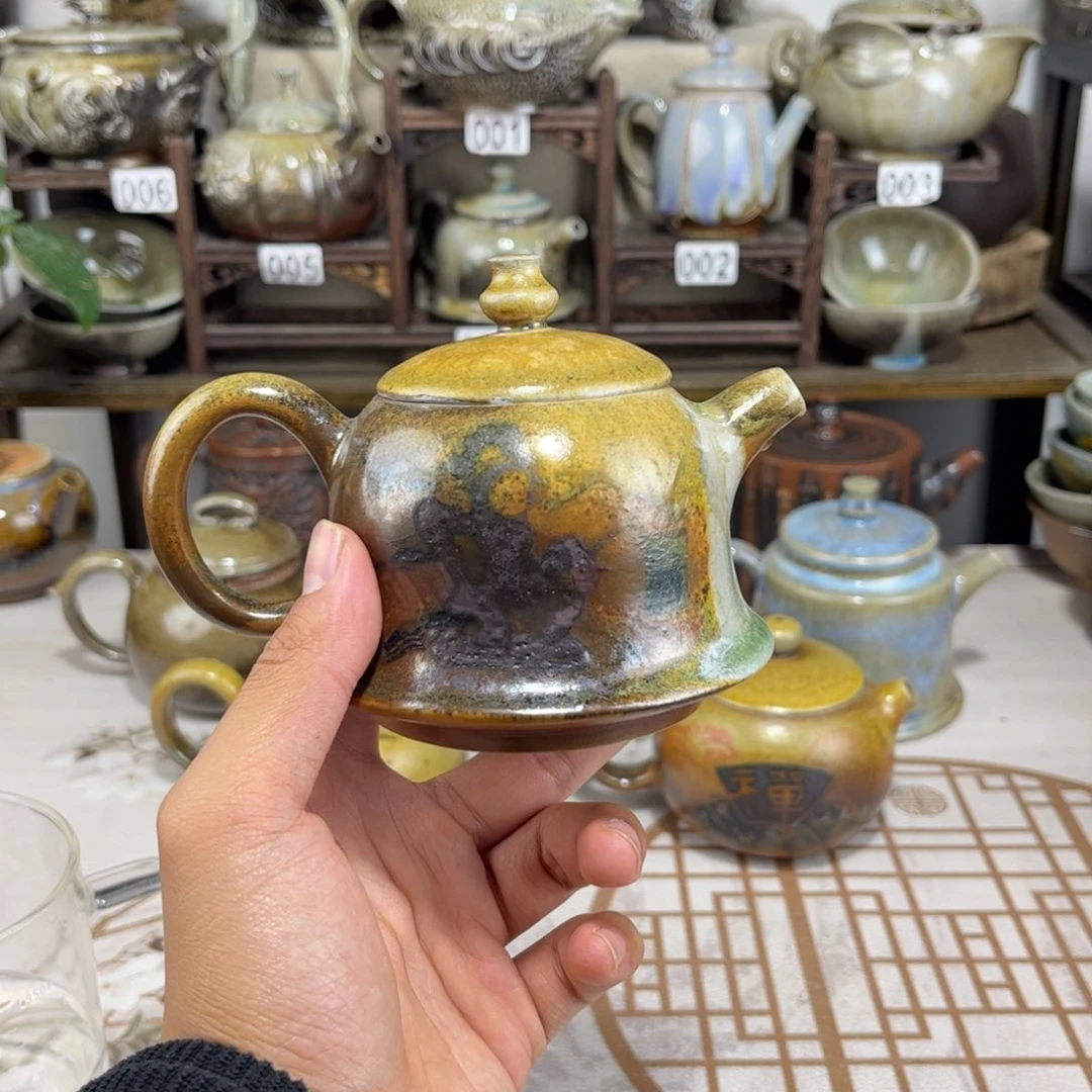 200cc白泥彩填柴烧金钟壶，古法传承裸坯柴烧