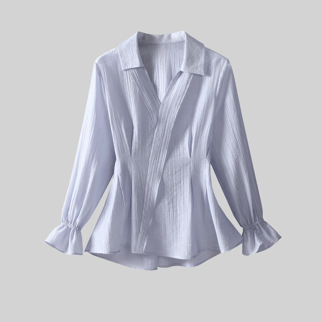 【纪朵研】8033#时尚烫钻polo领长袖衬衫女2025秋季新款收腰上衣