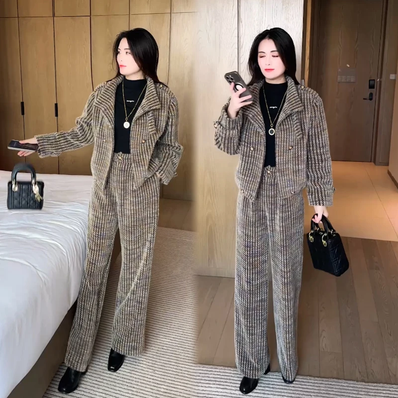 时尚休闲套装女2025秋冬新款洋气质小香风减龄短外套阔腿裤两件套