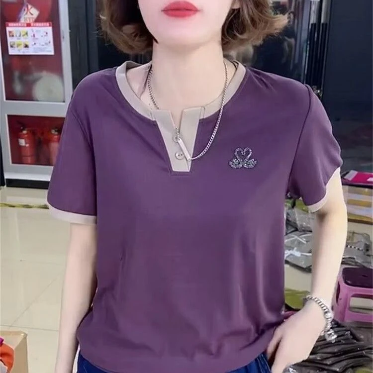 短袖镶钻拼色烫钻V领常规款T恤减龄洋气套装纯色遮肚宽松显瘦