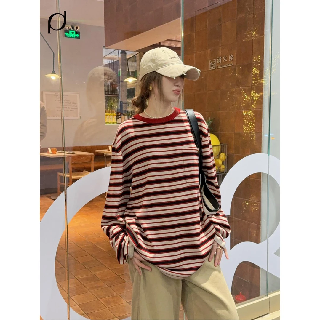 AVVENN2025春红色条纹套头宽松毛衣女990dopdop买手店