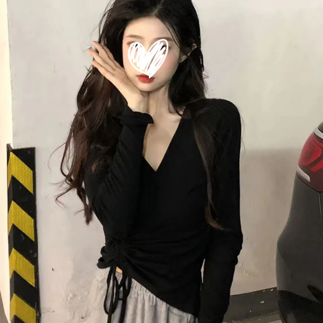 YIDENG2024新款交叉V领长袖T恤抽绳褶皱收腰修身百搭针织打底衫