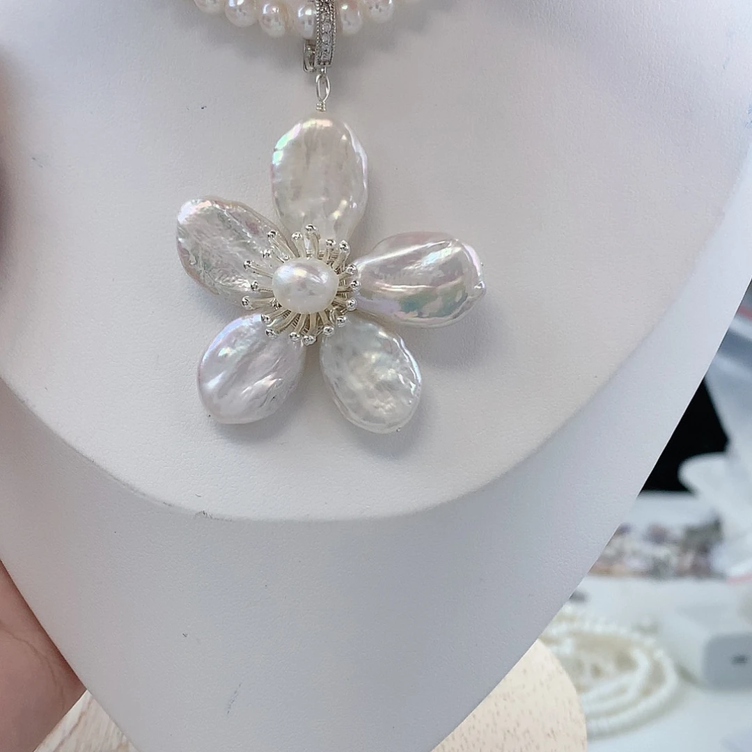 银S925镶嵌耳饰淡水珍珠大花吊坠