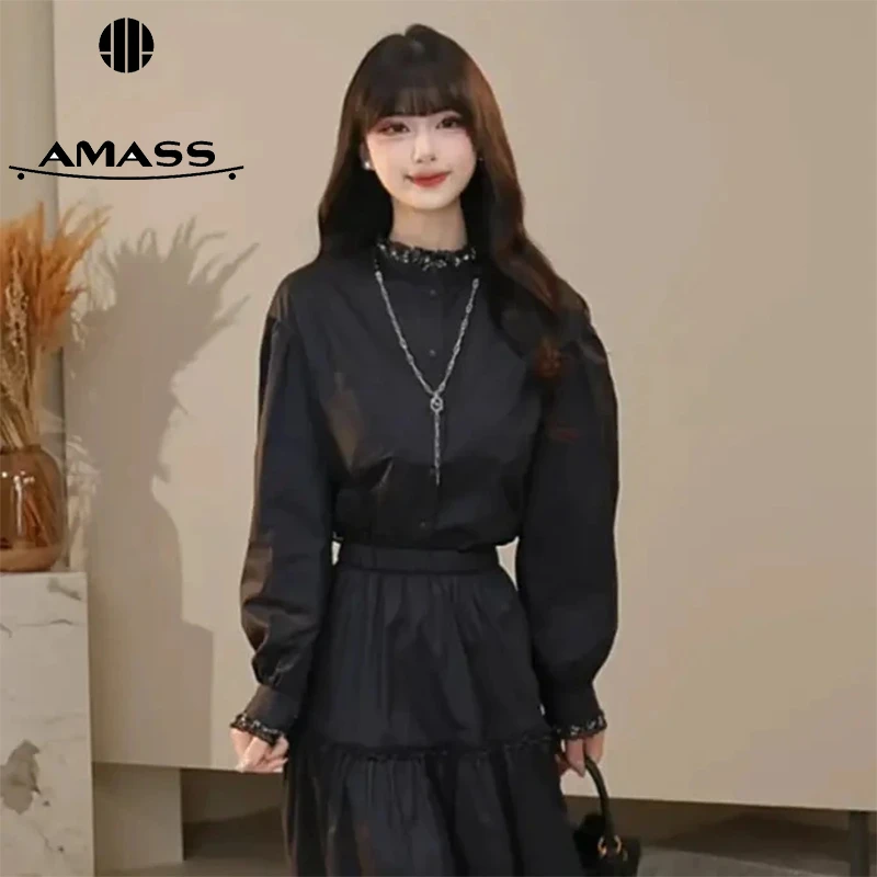 AMASS/阿玛施新款时尚轻奢感蕾丝边时尚宽松双面设计感衬衫530115