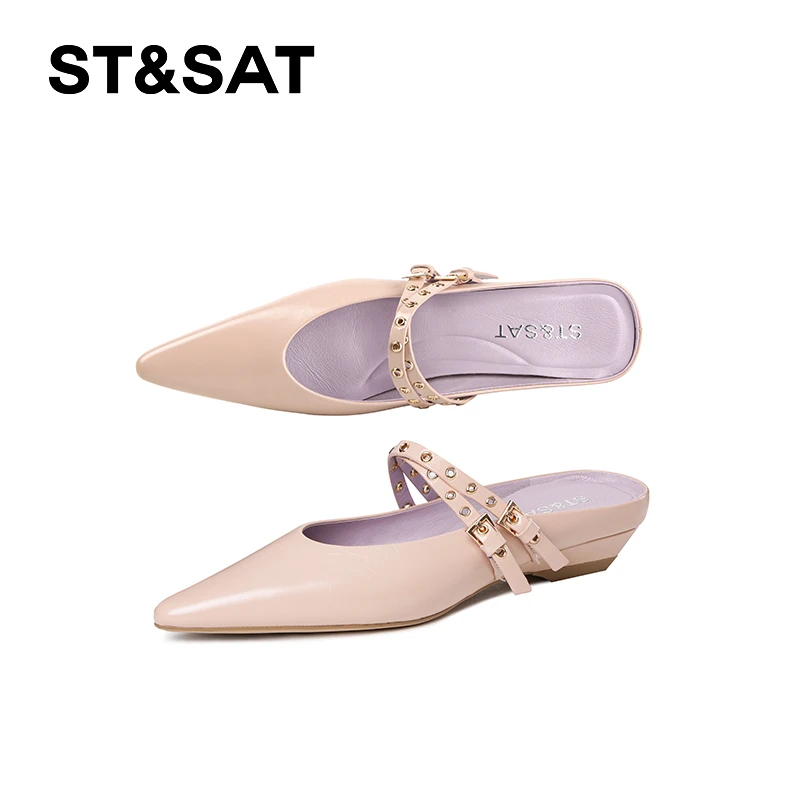 St&Sat/星期六法式低跟时尚铆钉平底网红夏季浪漫风单鞋尖头半拖