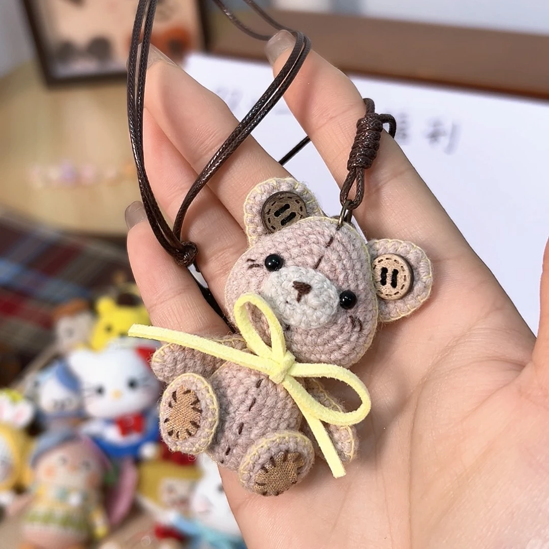 针织品手工钩织玩偶小熊毛衣链淡粉