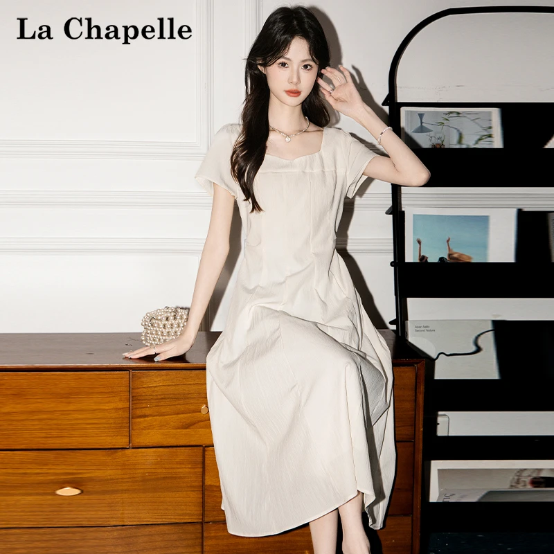拉夏贝尔法式方领短袖连衣裙女2025夏季新款小个子收腰A字长裙子