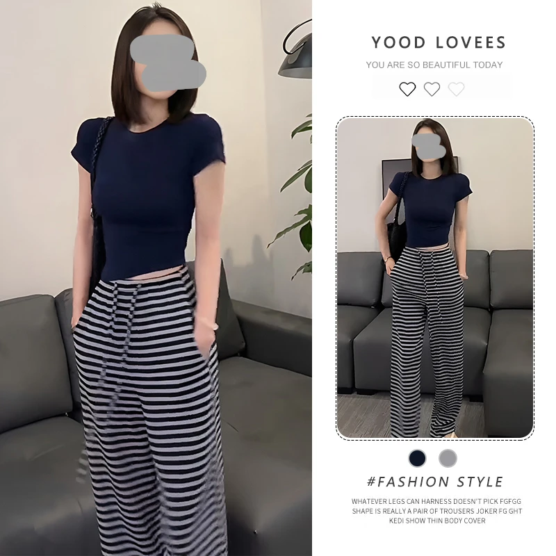 2026夏季新款设计感圆领短袖T恤上衣女阔腿条纹裤休闲裤两件套潮