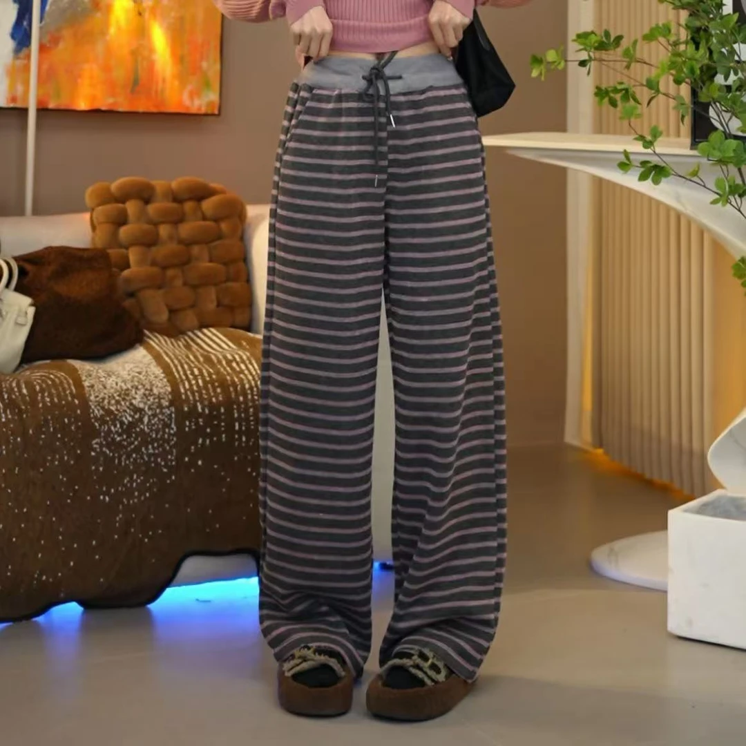 新款【粉色条纹拼接直筒休闲裤】