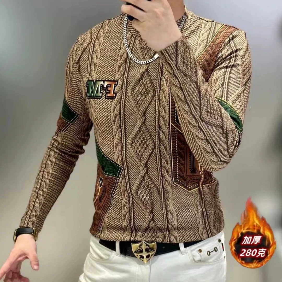 秋冬加厚男士t恤长袖潮流时尚修身休闲印花圆领保暖打底衫