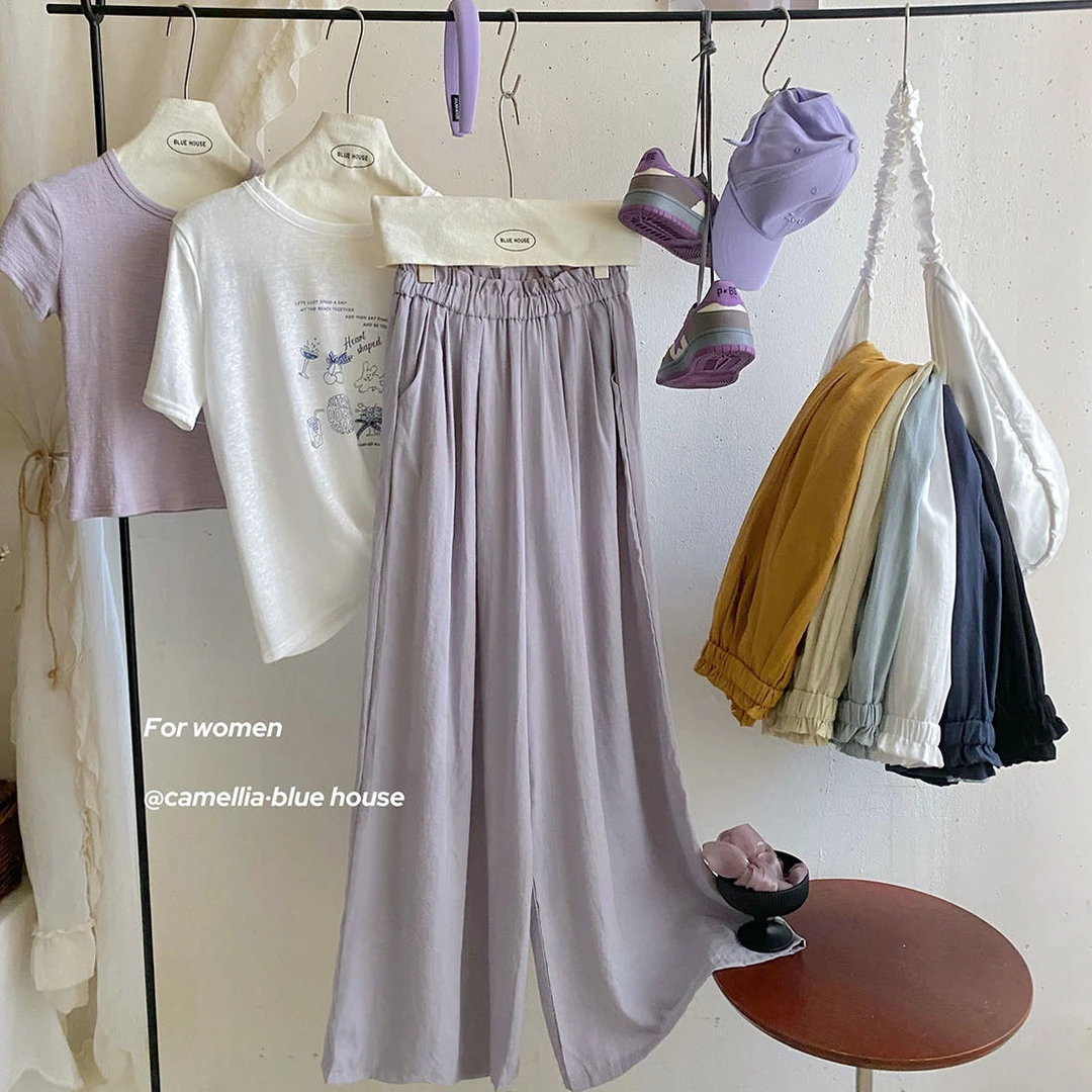 太好穿了~花苞松紧腰百搭透气阔腿裤女夏显瘦垂感拖地直筒休闲裤