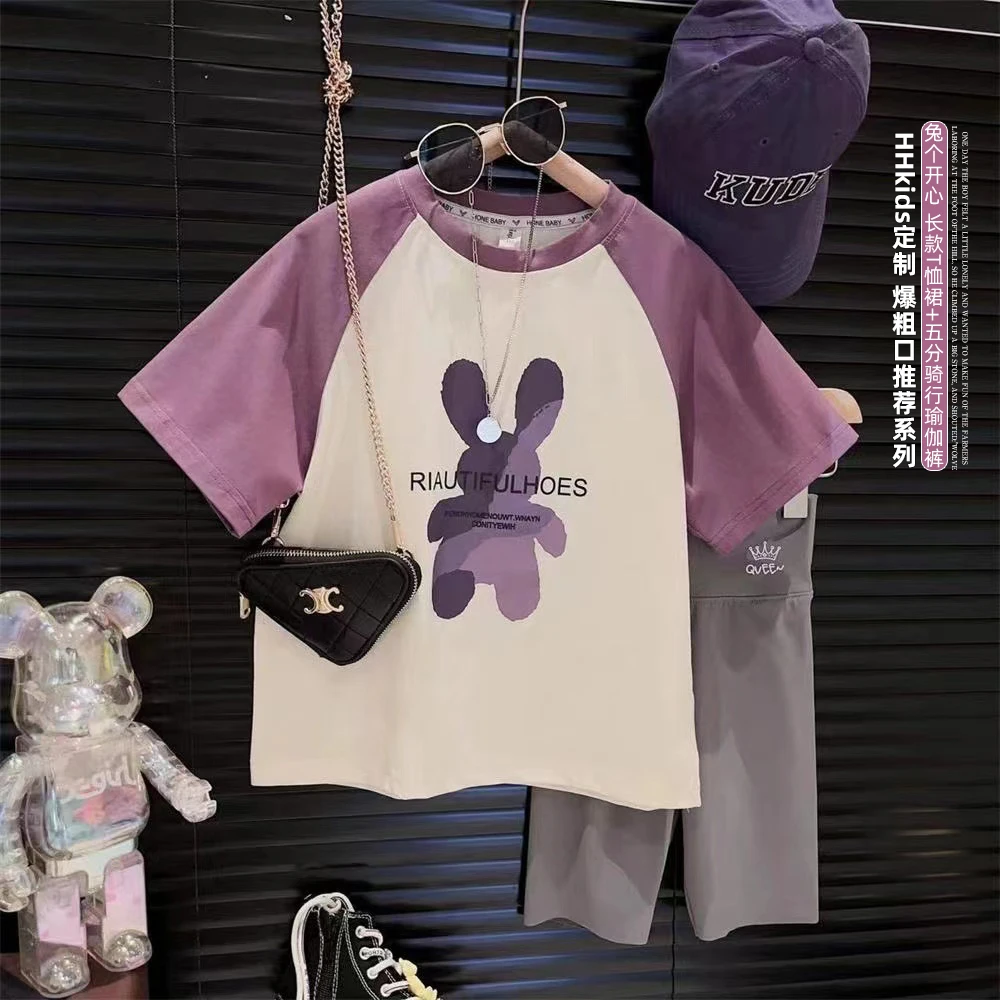 女童卡通兔插肩袖中长T恤五分瑜伽裤两件套装HDT337