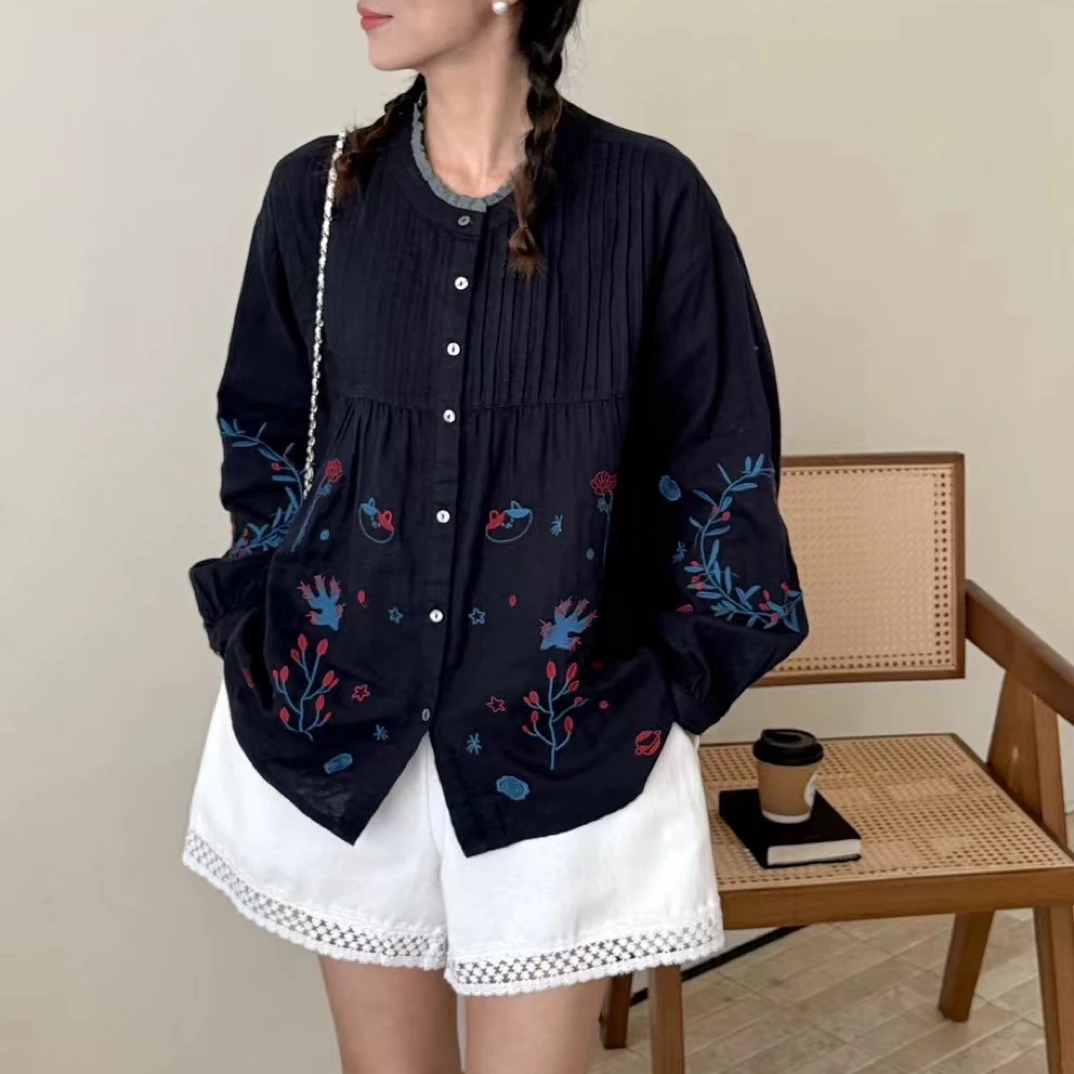 2024（艾美）女士双纱刺绣立领衬衫——休闲百搭复古绣花长袖民族风